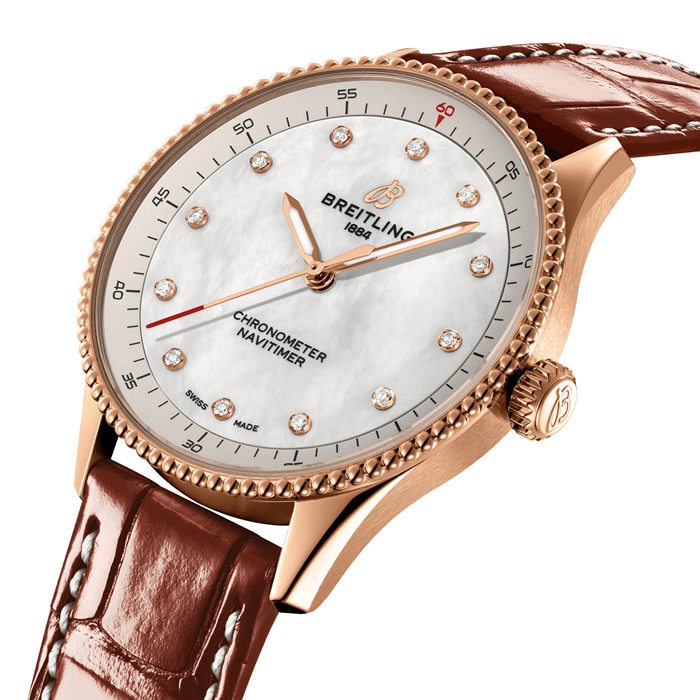 Breitling Navitimer 32mm Damenuhr weiß Perlmutt Alligator 18k Rotgold R77320E61A1P1 – Bild 3