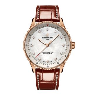 Breitling Navitimer 32mm Damenuhr weiß Perlmutt Alligator 18k Rotgold R77320E61A1P1