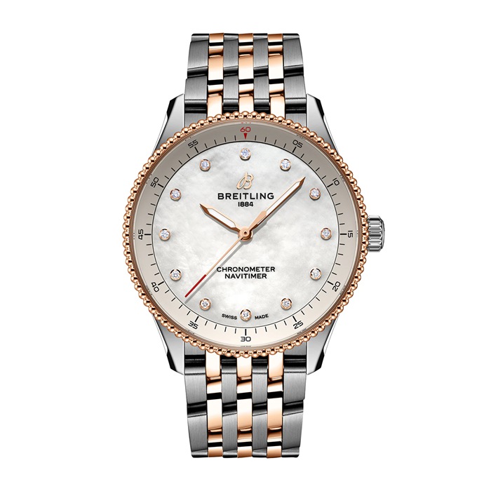 Breitling Navitimer 32mm Damenuhr weiß Perlmutt aus Edelstahl und 18k Rotgold U77320E61A1U1