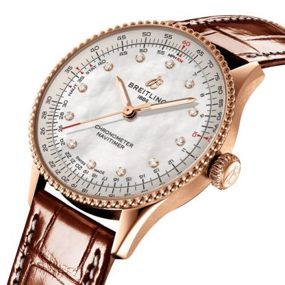 Breitling Navitimer 36mm Damenuhr weiß Perlmutt Alligator 18k Rotgold R17327211A1P1 – Bild 3