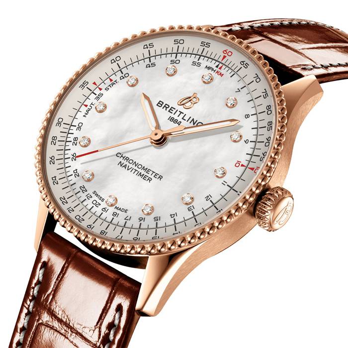 Breitling Navitimer 36mm Damenuhr weiß Perlmutt Alligator 18k Rotgold R17327211A1P1 – Bild 3