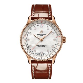 Breitling Navitimer 36mm Damenuhr weiß Perlmutt Alligator 18k Rotgold R17327211A1P1