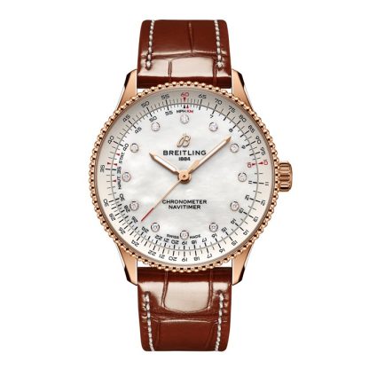 Breitling Navitimer 36mm Damenuhr weiß Perlmutt Alligator 18k Rotgold R17327211A1P1