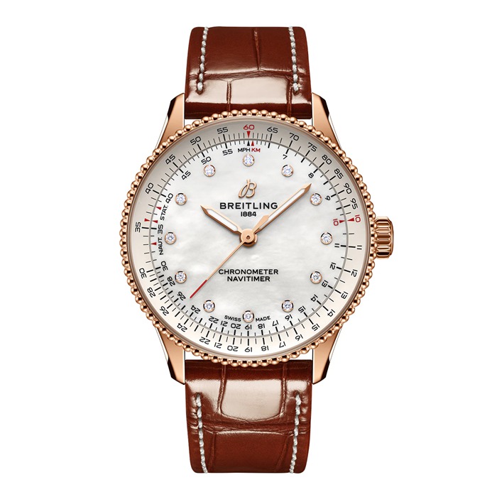 Breitling Navitimer 36mm Damenuhr weiß Perlmutt Alligator 18k Rotgold R17327211A1P1