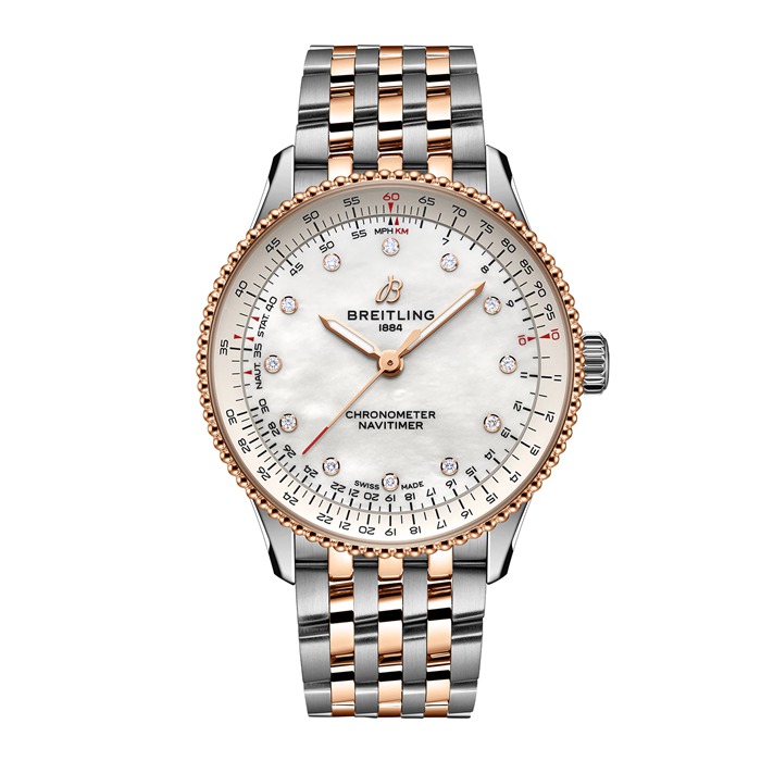 Breitling Navitimer 36mm Damenuhr weiß Perlmutt Edelstahl und 18k Rotgold U17327211A1U1