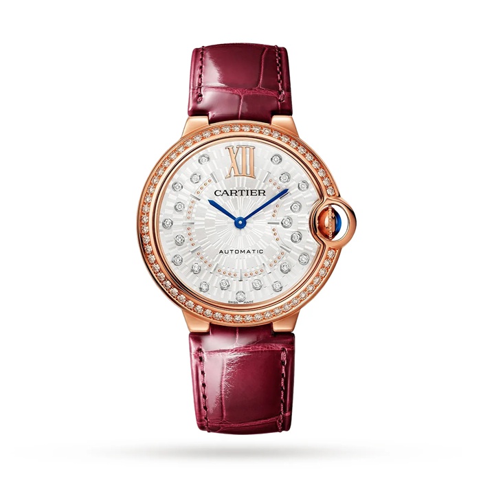Cartier Ballon Bleu De Cartier Uhr 36mm Automatik mechanisches Uhrwerk Rose Gold Diamanten Leder WJBB0081