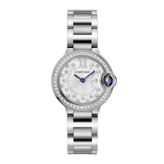 Cartier Ballon Bleu de Cartier Uhr 28 mm Quarzwerk Stahlgehäuse geriffelte Stahlkrone besetzt mit einem synthetischen Cabochon-förmigen Spinell W4BB0034