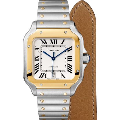 Cartier Santos De Cartier Uhr großes Modell Automatikwerk Gelbgold Stahl austauschbare Metall und Leder Armbänder W2SA0009 – Bild 2