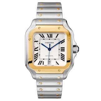 Cartier Santos De Cartier Uhr großes Modell Automatikwerk Gelbgold Stahl austauschbare Metall und Leder Armbänder W2SA0009