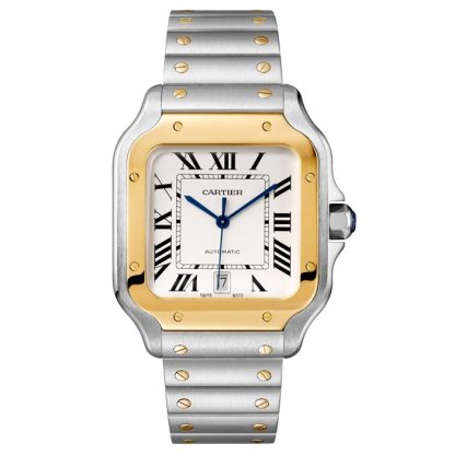 Cartier Santos De Cartier Uhr großes Modell Automatikwerk Gelbgold Stahl austauschbare Metall und Leder Armbänder W2SA0009