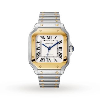 Cartier Santos De Cartier Uhr mittleres Modell Automatikwerk Gelbgold Stahl austauschbare Metall und Leder Armbänder W2SA0016