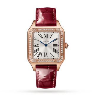 Cartier Santos-Dumont Uhr Großes Modell Rose Gold Diamanten Lederarmband WJSA0016