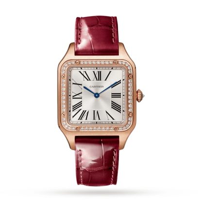 Cartier Santos-Dumont Uhr Großes Modell Rose Gold Diamanten Lederarmband WJSA0016