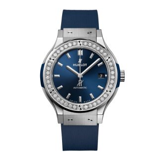Hublot Classic Fusion Titanium Blau Diamanten 38mm Damenuhr 565.NX.7170.RX.1204
