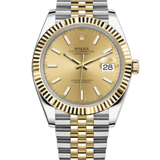 Replica Rolex Datejust 41 Gelbgold/Stahl Champagner Zifferblatt geriffelte Lünette 126333 Jubilee