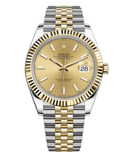 Replica Rolex Datejust 41 Gelbgold/Stahl Champagner Zifferblatt geriffelte Lünette 126333 Jubilee