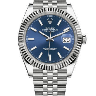 Replica Rolex Datejust 41 Weißgold/Stahl blaues Zifferblatt geriffelte Lünette 126334 Jubilee