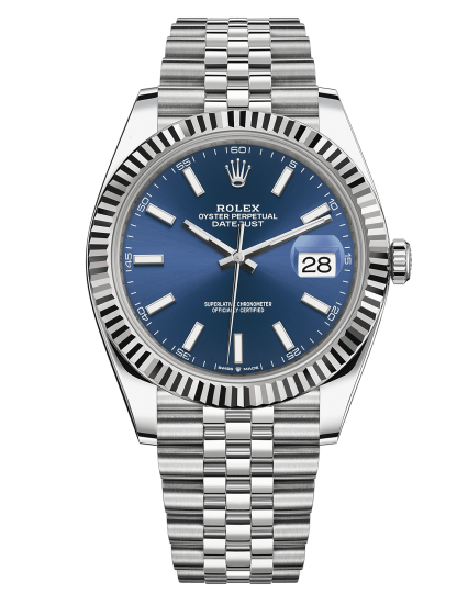 Replica Rolex Datejust 41 Weißgold/Stahl blaues Zifferblatt geriffelte Lünette 126334 Jubilee