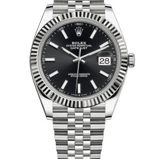 Replica Rolex Datejust 41 Weißgold/Stahl schwarzes Zifferblatt geriffelte Lünette 126334 Jubilee