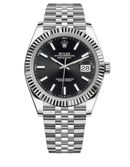 Replica Rolex Datejust 41 Weißgold/Stahl schwarzes Zifferblatt geriffelte Lünette 126334 Jubilee