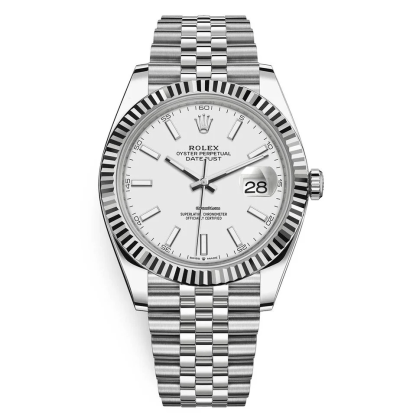 Replica Rolex Datejust 41 Weißgold/Stahl weißes Zifferblatt geriffelte Lünette 126334 Jubilee
