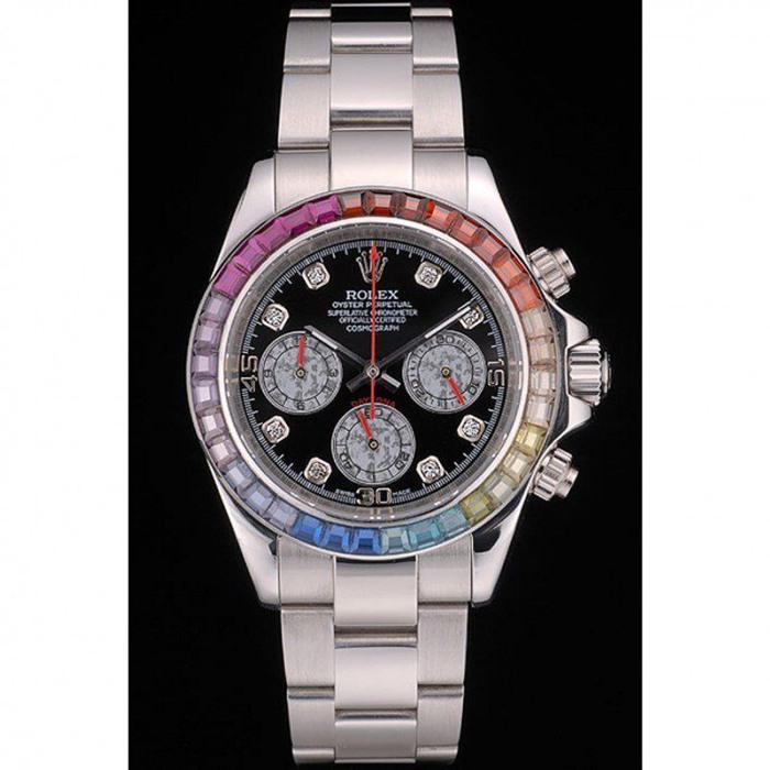 Replica Rolex Daytona Cosmograph Regenbogenkristalle Lünette Edelstahl Steilband Schwarzes Zifferblatt 80250 – Bild 2