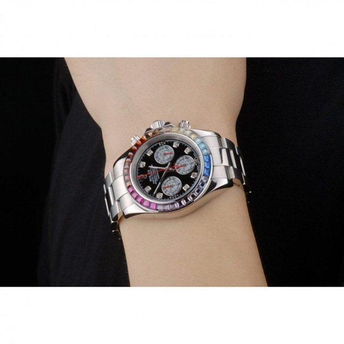 Replica Rolex Daytona Cosmograph Regenbogenkristalle Lünette Edelstahl Steilband Schwarzes Zifferblatt 80250 – Bild 11