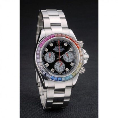 Replica Rolex Daytona Cosmograph Regenbogenkristalle Lünette Edelstahl Steilband Schwarzes Zifferblatt 80250 – Bild 3