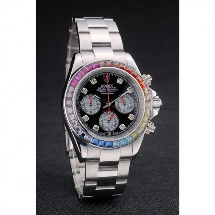 Replica Rolex Daytona Cosmograph Regenbogenkristalle Lünette Edelstahl Steilband Schwarzes Zifferblatt 80250 – Bild 3