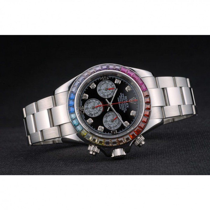 Replica Rolex Daytona Cosmograph Regenbogenkristalle Lünette Edelstahl Steilband Schwarzes Zifferblatt 80250 – Bild 4