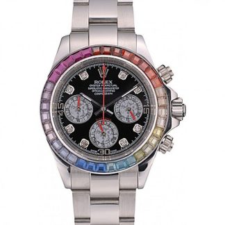 Replica Rolex Daytona Cosmograph Regenbogenkristalle Lünette Edelstahl Steilband Schwarzes Zifferblatt 80250