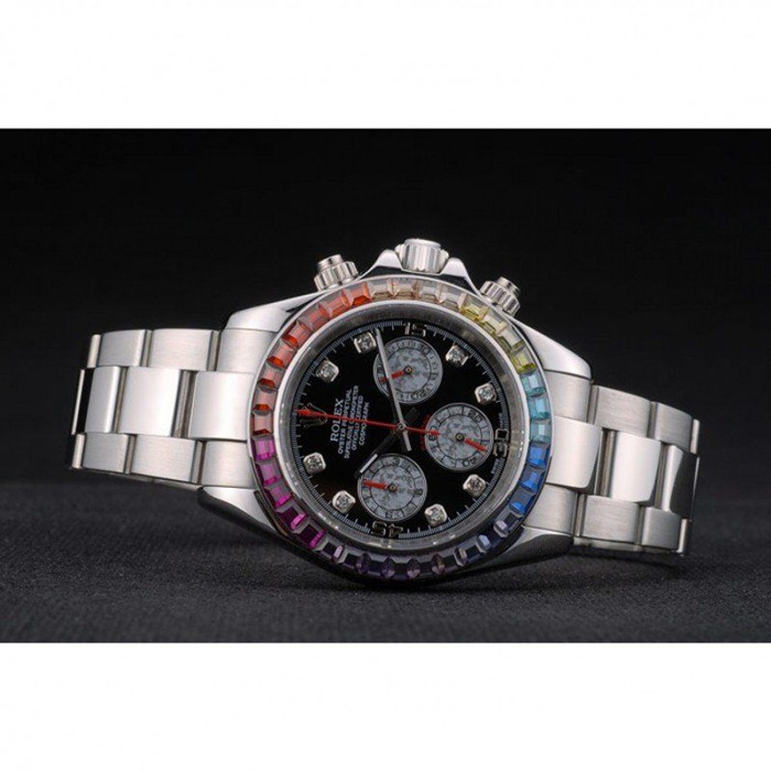 Replica Rolex Daytona Cosmograph Regenbogenkristalle Lünette Edelstahl Steilband Schwarzes Zifferblatt 80250 – Bild 5