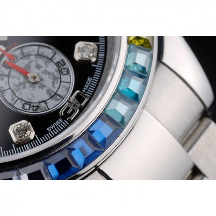 Replica Rolex Daytona Cosmograph Regenbogenkristalle Lünette Edelstahl Steilband Schwarzes Zifferblatt 80250 – Bild 10