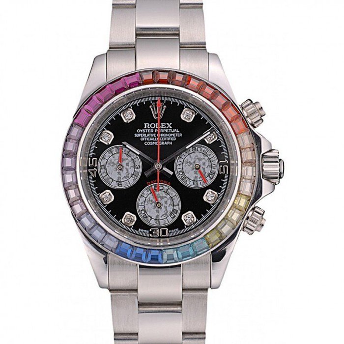 Replica Rolex Daytona Cosmograph Regenbogenkristalle Lünette Edelstahl Steilband Schwarzes Zifferblatt 80250