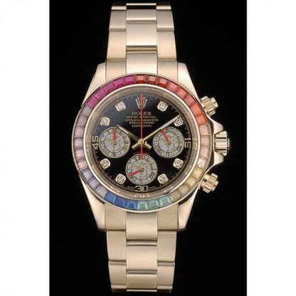 Replica Rolex Daytona Cosmograph Regenbogenkristalle Lünette Rose Gold Armband Schwarzes Zifferblatt 80251 – Bild 2