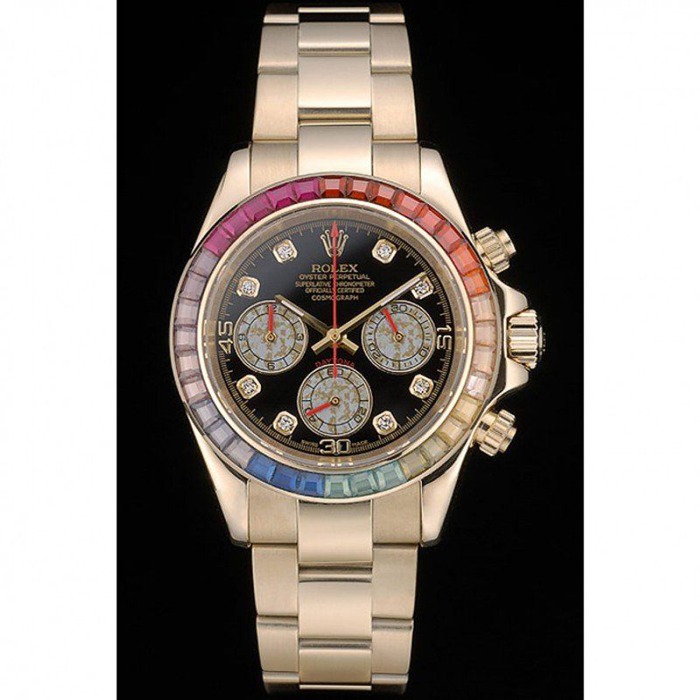Replica Rolex Daytona Cosmograph Regenbogenkristalle Lünette Rose Gold Armband Schwarzes Zifferblatt 80251 – Bild 2