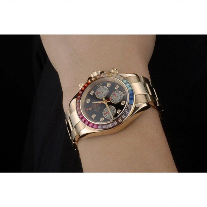 Replica Rolex Daytona Cosmograph Regenbogenkristalle Lünette Rose Gold Armband Schwarzes Zifferblatt 80251 – Bild 11