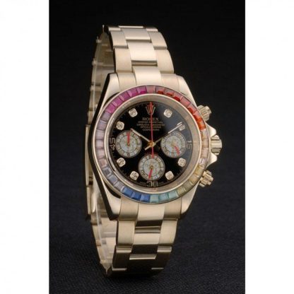 Replica Rolex Daytona Cosmograph Regenbogenkristalle Lünette Rose Gold Armband Schwarzes Zifferblatt 80251 – Bild 3