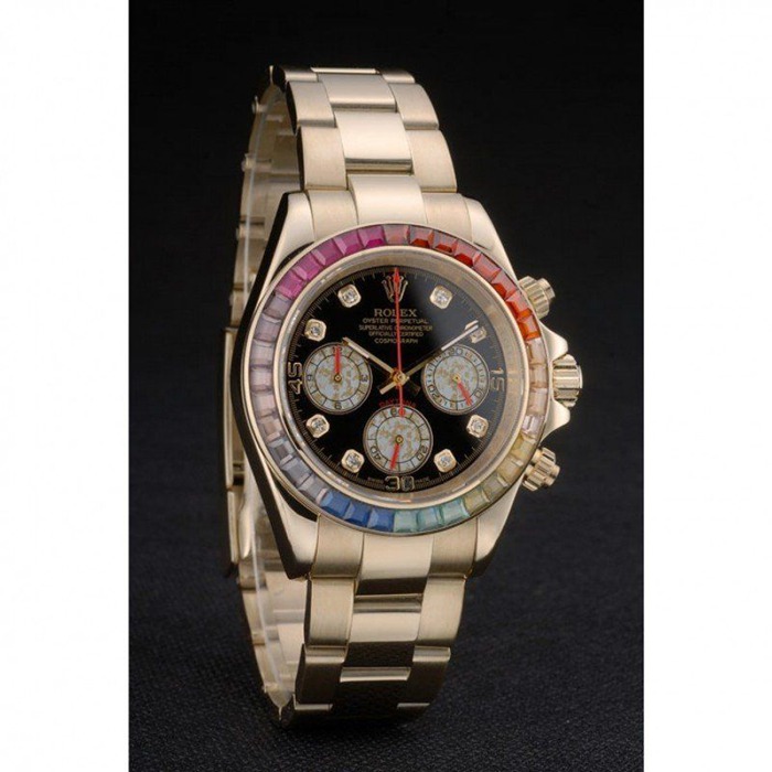 Replica Rolex Daytona Cosmograph Regenbogenkristalle Lünette Rose Gold Armband Schwarzes Zifferblatt 80251 – Bild 3
