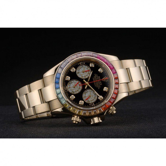 Replica Rolex Daytona Cosmograph Regenbogenkristalle Lünette Rose Gold Armband Schwarzes Zifferblatt 80251 – Bild 4