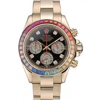 Replica Rolex Daytona Cosmograph Regenbogenkristalle Lünette Rose Gold Armband Schwarzes Zifferblatt 80251