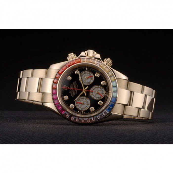 Replica Rolex Daytona Cosmograph Regenbogenkristalle Lünette Rose Gold Armband Schwarzes Zifferblatt 80251 – Bild 5