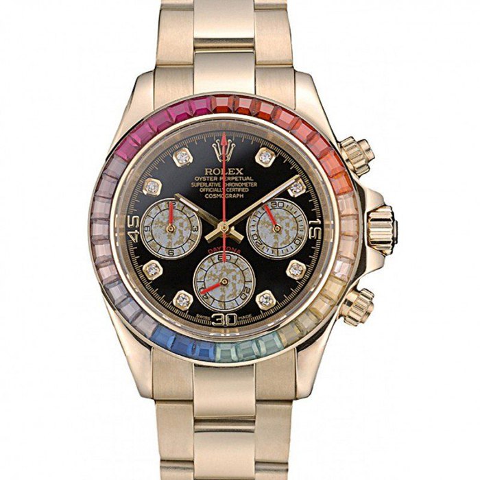 Replica Rolex Daytona Cosmograph Regenbogenkristalle Lünette Rose Gold Armband Schwarzes Zifferblatt 80251