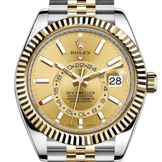 Replica Rolex Sky Dweller Champagner Zifferblatt Gelbgold Lünette zwei Tone Jubiläum 326933
