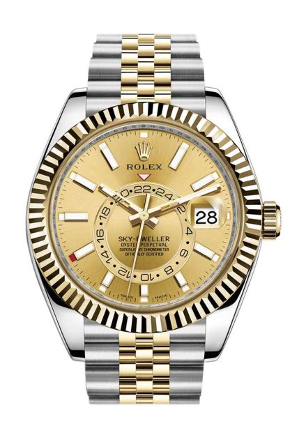 Replica Rolex Sky Dweller Champagner Zifferblatt Gelbgold Lünette zwei Tone Jubiläum 326933