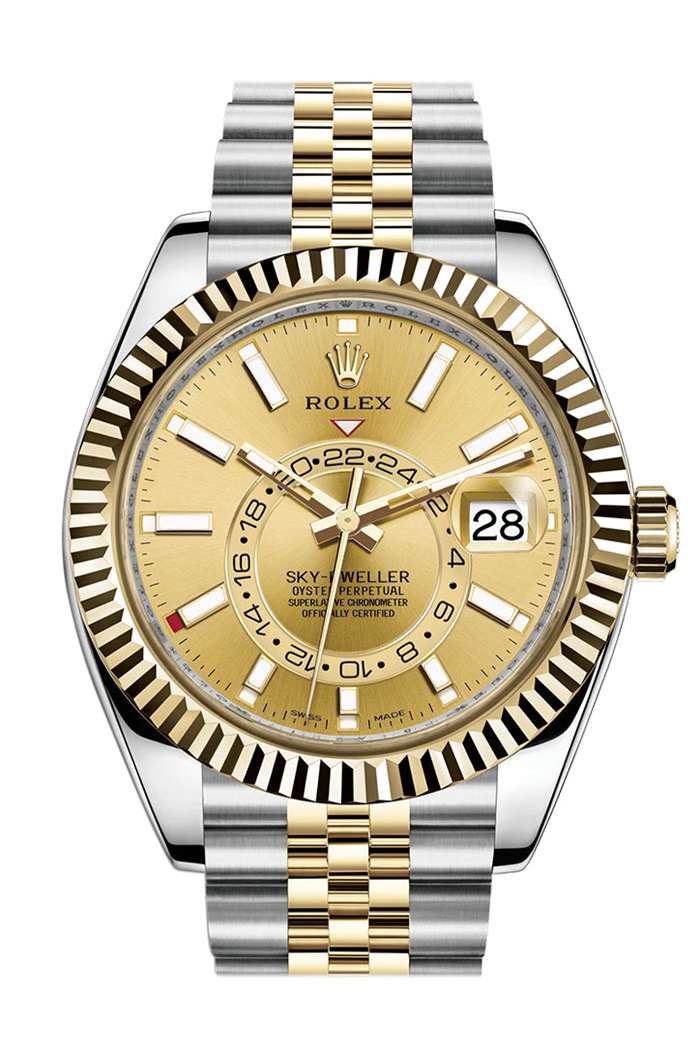 Replica Rolex Sky Dweller Champagner Zifferblatt Gelbgold Lünette zwei Tone Jubiläum 326933