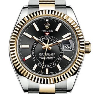 Replik Rolex Sky Dweller Schwarzes Zifferblatt Gold Lünette Zwei-Ton Oyster 326933
